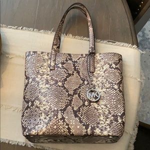 Michael Kors taupe gray snake skin & metallic tote